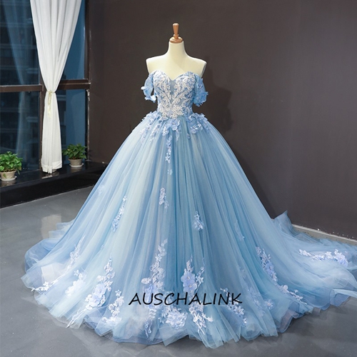 فستان أميرة بدون أكتاف دانتيل مزين بأزرق جليدي 1