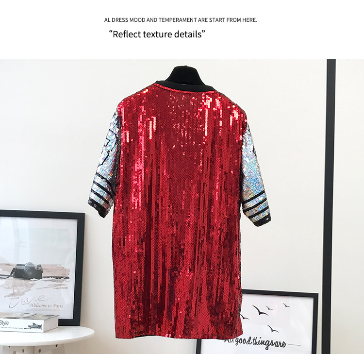 Loose Digital Tee Sequin Pullover Top Baseball Jersey