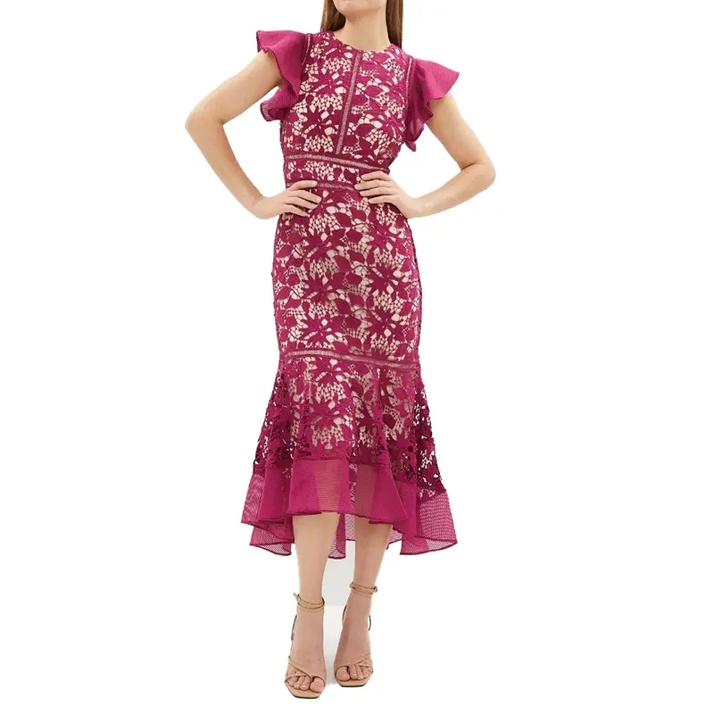 Pink Party Vintage Evening Floral Jacquard Midi Dress Women.webp