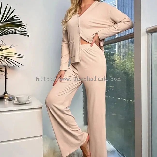 Apricot Cotton Long Sleeve Top Trousers Pajamas 2 Piece Set (1)