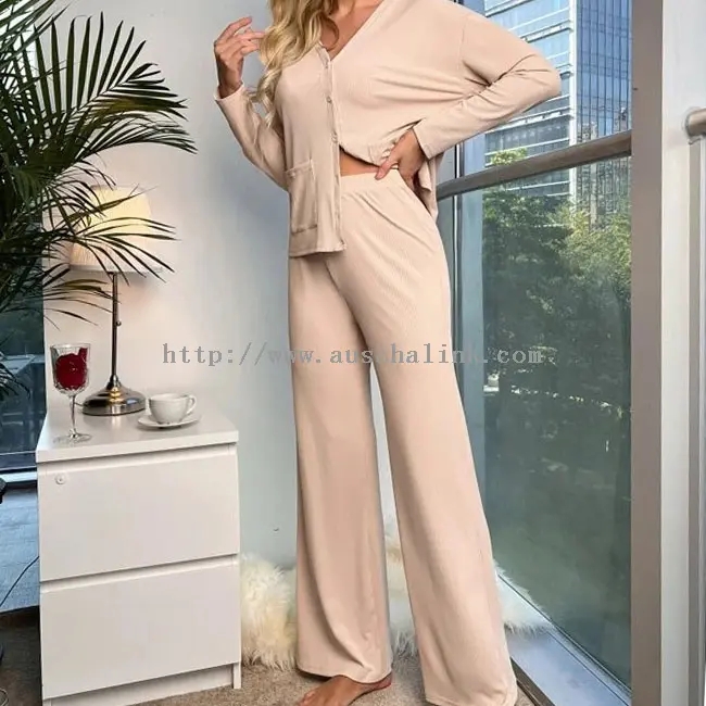 Apricot Cotton Long Sleeve Top Trousers Pajamas 2 Piece Set (2)