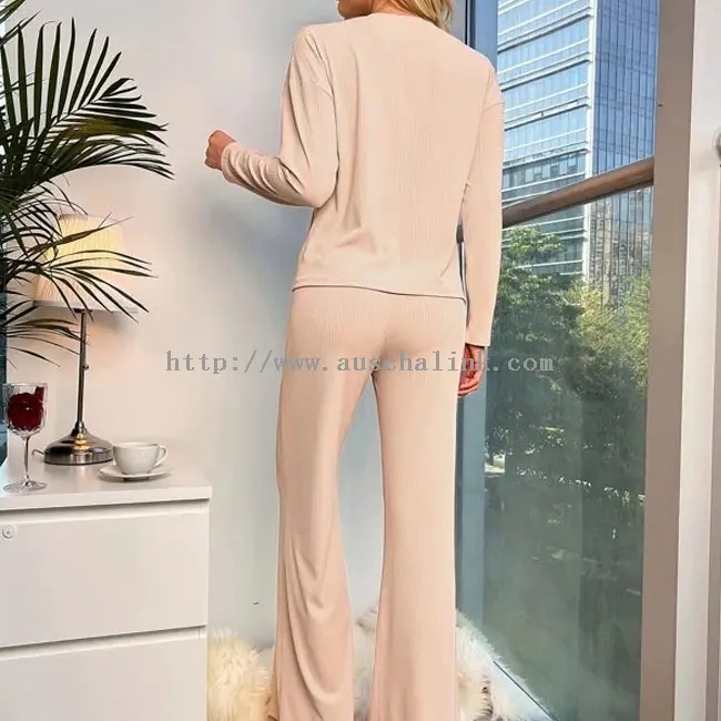 Apricot Cotton Long Sleeve Top Trousers Pajamas 2 Piece Set (3)
