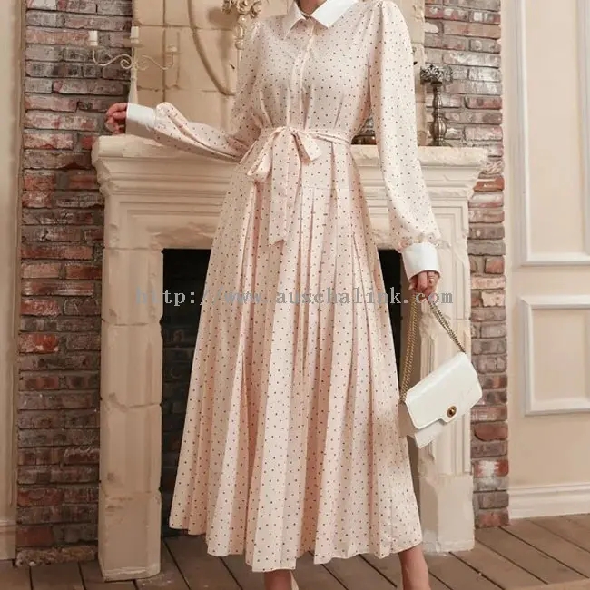 Apricot Polka Dot Print Long Sleeve Shirt Maxi Dress (1)