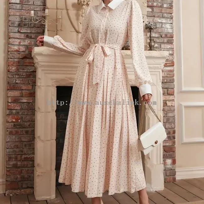 Apricot Polka Dot Print Léine Muinchille Fada Gúna Maxi (1)