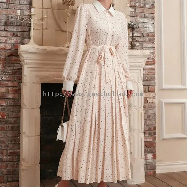 Clò-bhuail apricot polka dot lèine le muinchill fhada èideadh Maxi (2)