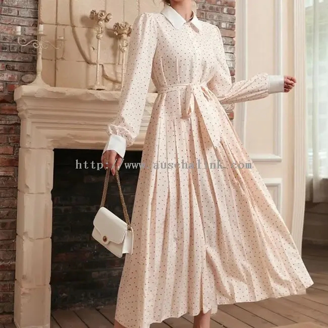 Apricot Polka Dot Print အင်္ကျီလက်ရှည် Maxi Dress (၃)ခု၊