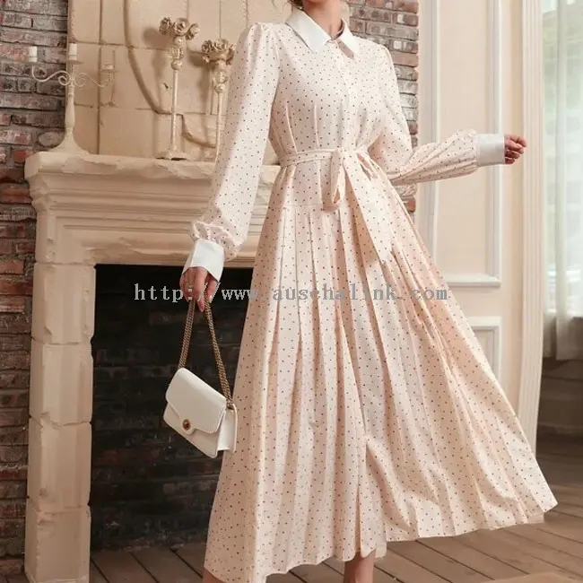 Apricot Polka Dot Print երկարաթև վերնաշապիկ Maxi զգեստ (3)