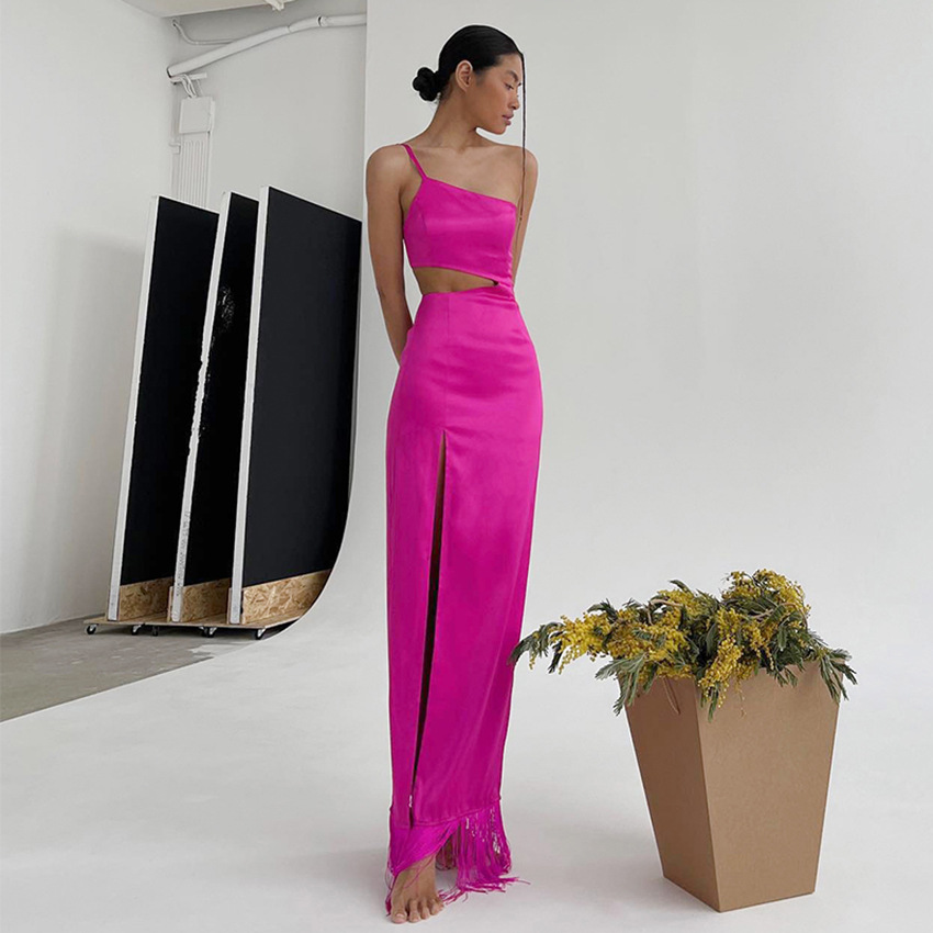 Asymmetric Sexy Cut-out Floor length Fringed Dress (1)