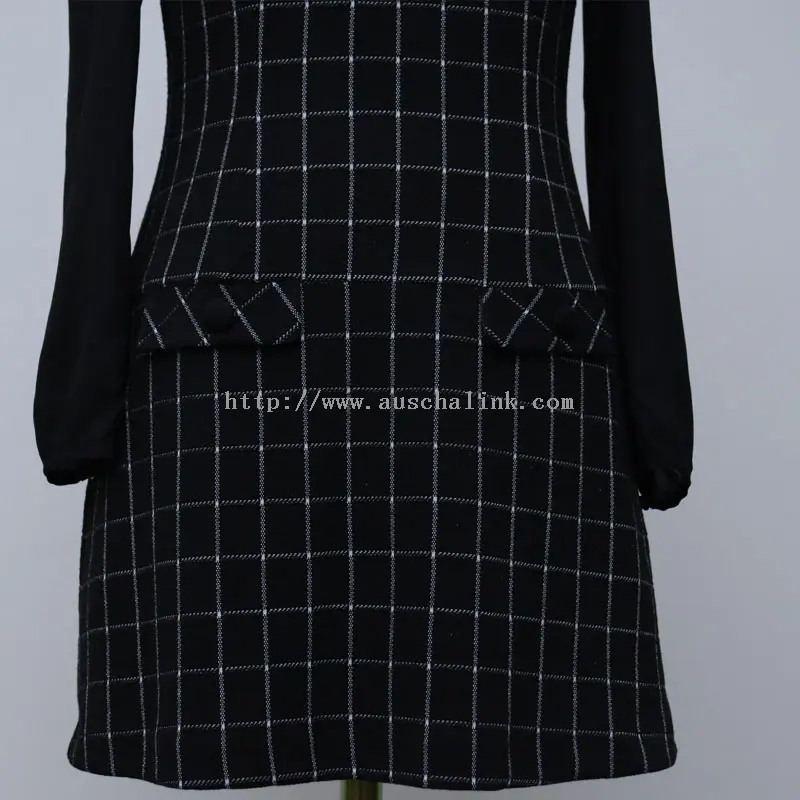 Black Checkered Patchwork Chiffon Dress Career Dress (1)