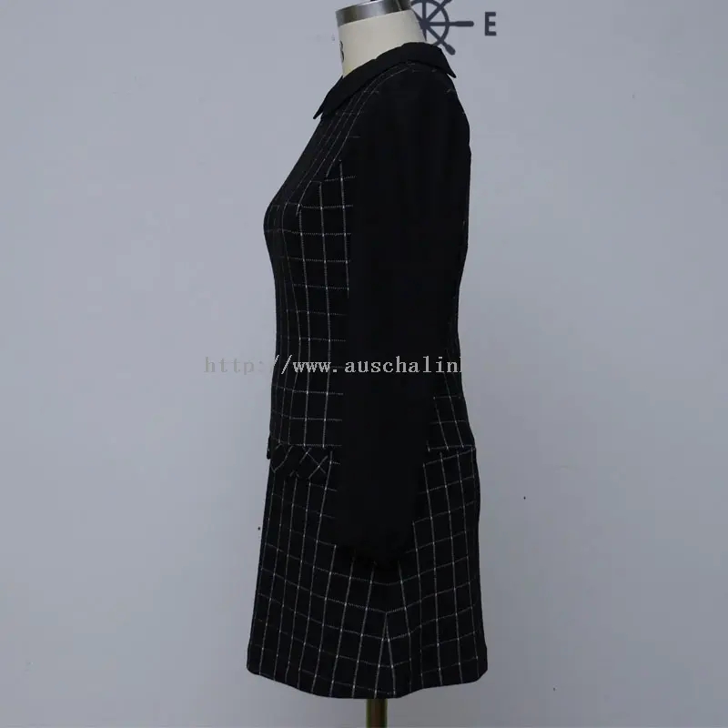 Crna karirana haljina od patchwork šifona za karijeru (2)