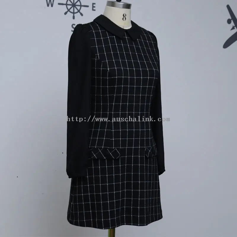 블랙 체크무늬 패치워크 시폰 커리어 드레스 (4)