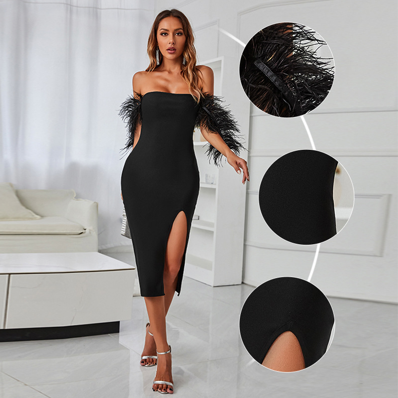 Чорна сексуальна вузька сукня з рукавом з пір'ям і одним вирізом (5)