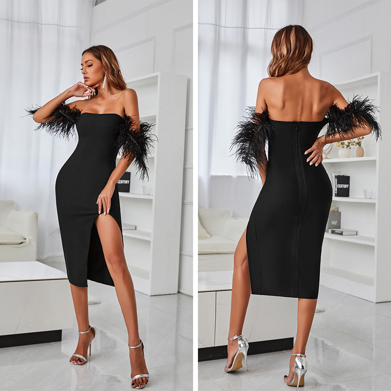 Чорна сексуальна вузька сукня з рукавом з пір'ям і одним вирізом (6)