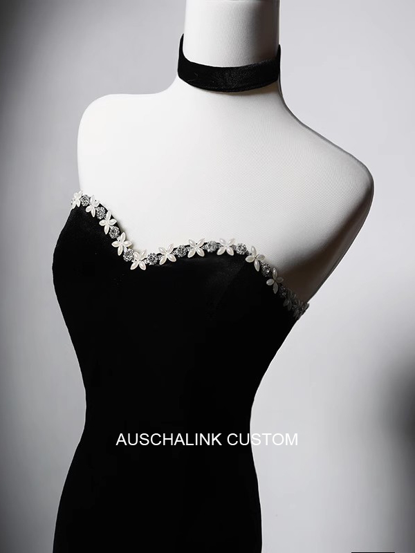 Fabricante de vestidos femininos con diamantes de veludo de ouro negro (1)