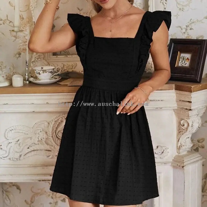 Black Jacquard Square Neck Polka Dot Backless Dress (2)