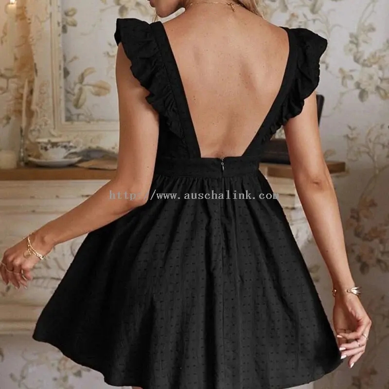 Black Jacquard Square Neck Polka Dot Backless Dress (3)