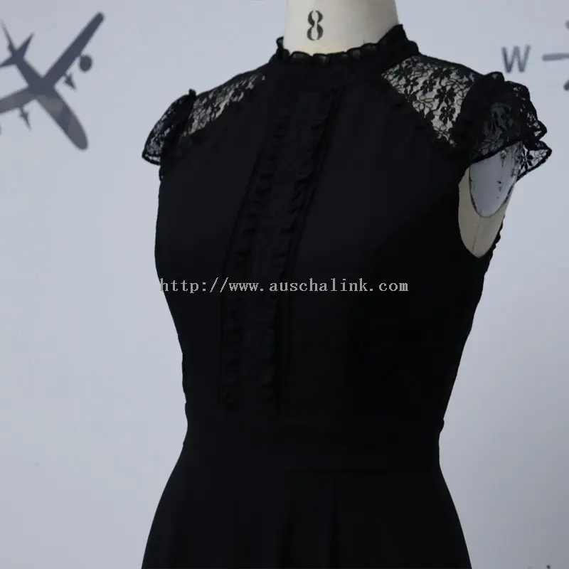 Чорна мереживна повсякденна робоча сукня з високим горлом (2)