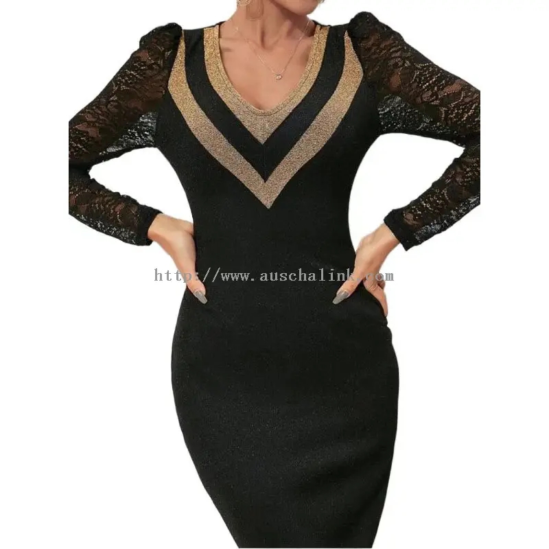 Abito midi elegante con paillettes in pizzo nero con scollo a V (3)