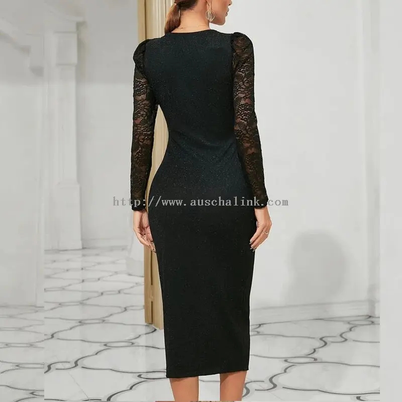Елегантна миди хаљина од црне чипке са шљокицама са В-изрезом (4)