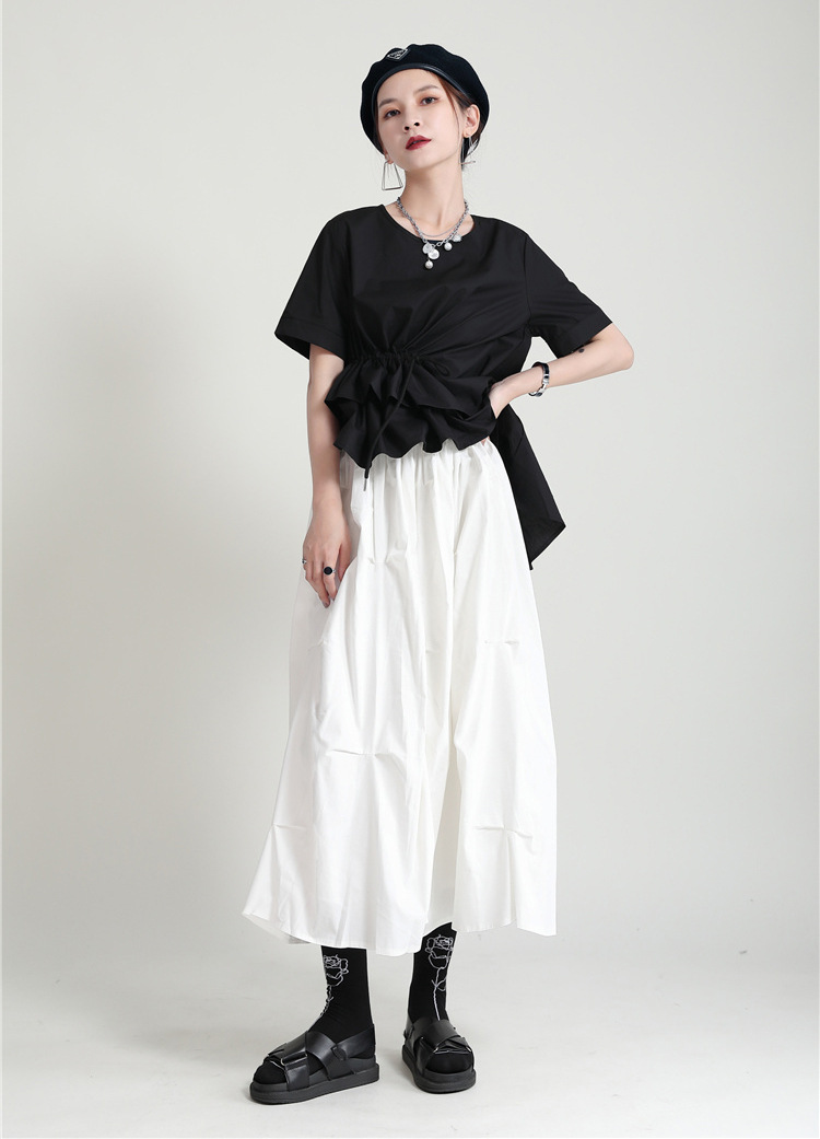 Falda midi holgada de algodón de cintura alta negra (4)