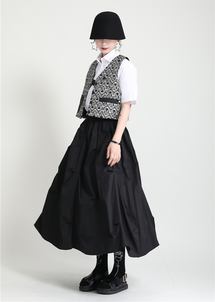 Black Loose High Waist Cotton Midi Skirt (6)