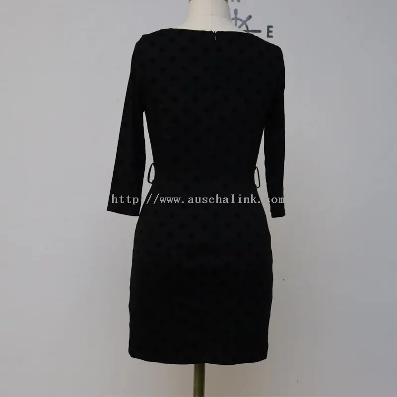 Crna Elegantna haljina dugih rukava s vezenom na točkice (2)