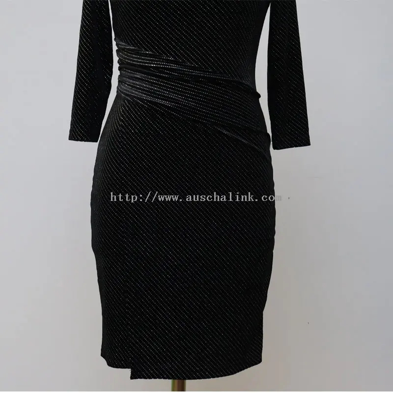 Black Sequin Long Sleeve Round Neck Elegant Pleated Dress (4)