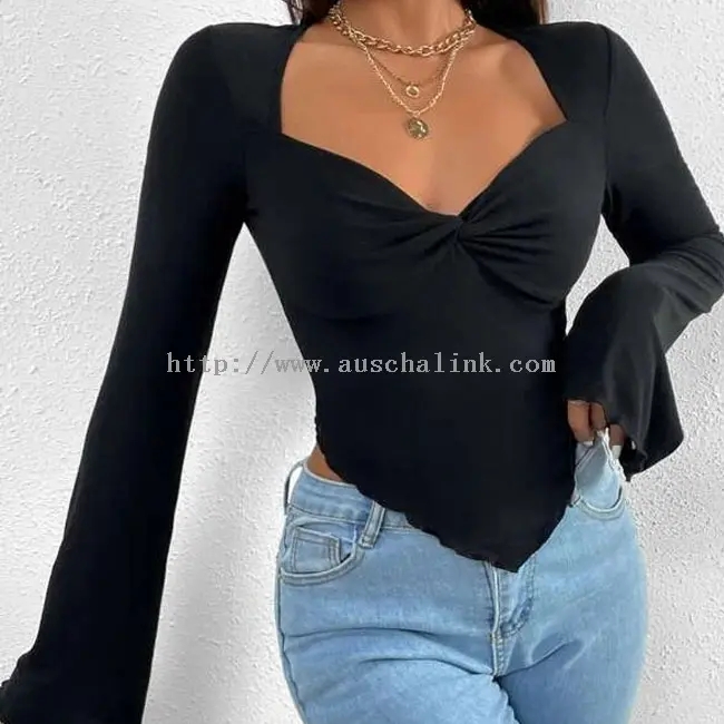 Black Skinny Square Neck Sexy Long Sleeve Top (2)