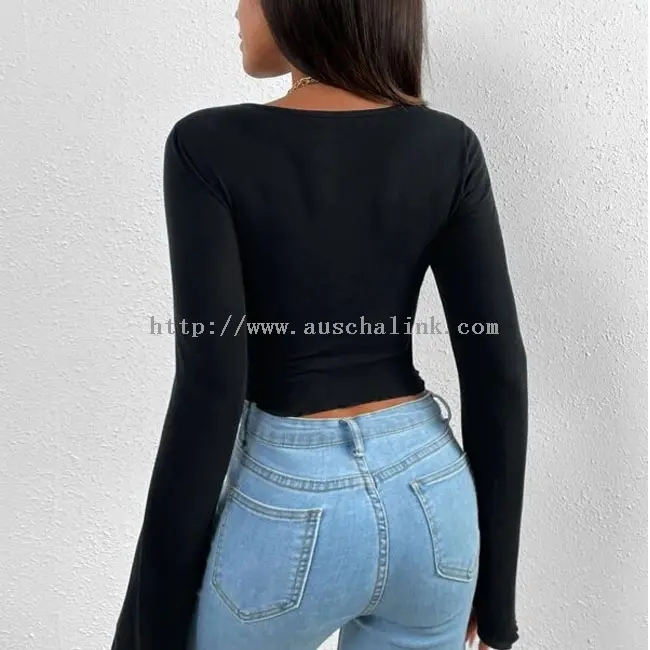 Swarte skinny fjouwerkante hals sexy top mei lange mouwen (3)