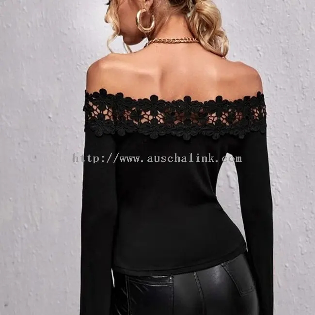 Top eleganti in pizzo patchwork a maniche lunghe attillati neri (3)