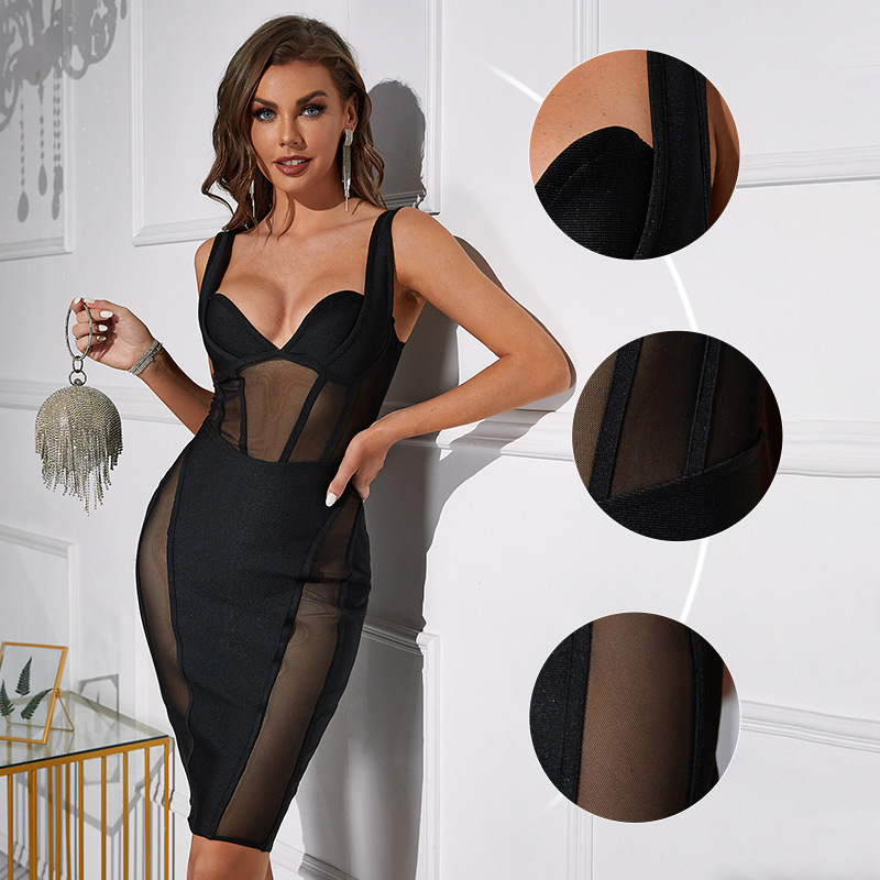 Zwarte strakke feest sexy mesh doorzichtige jurk (4)