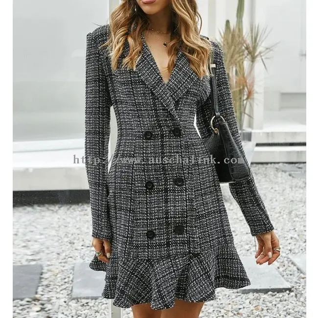 Black Tweed Tartan Fishtail Lapel Elegance Dress (3)