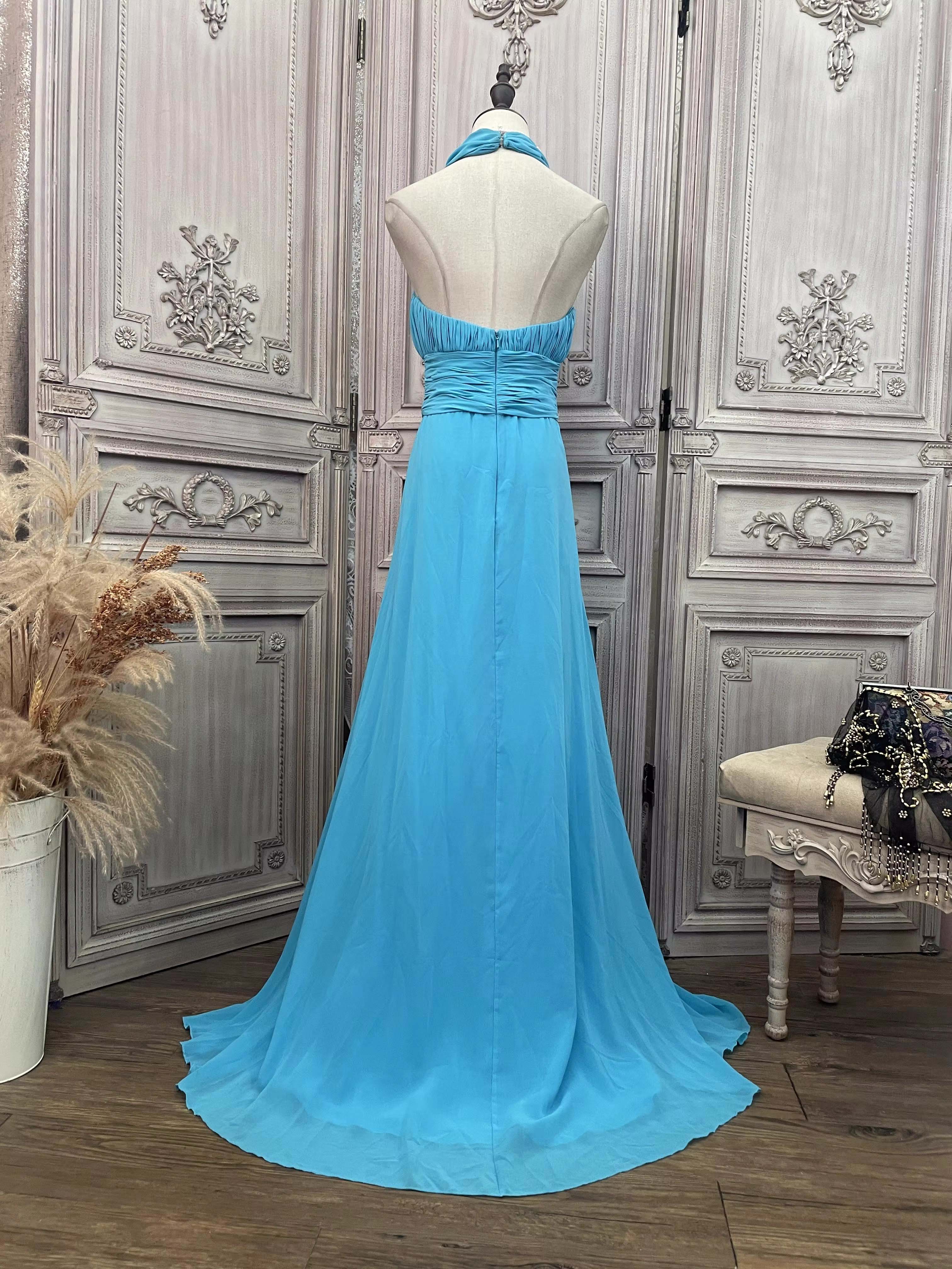 Fabricante de vestido longo de renda com colar de chiffon azul (2)