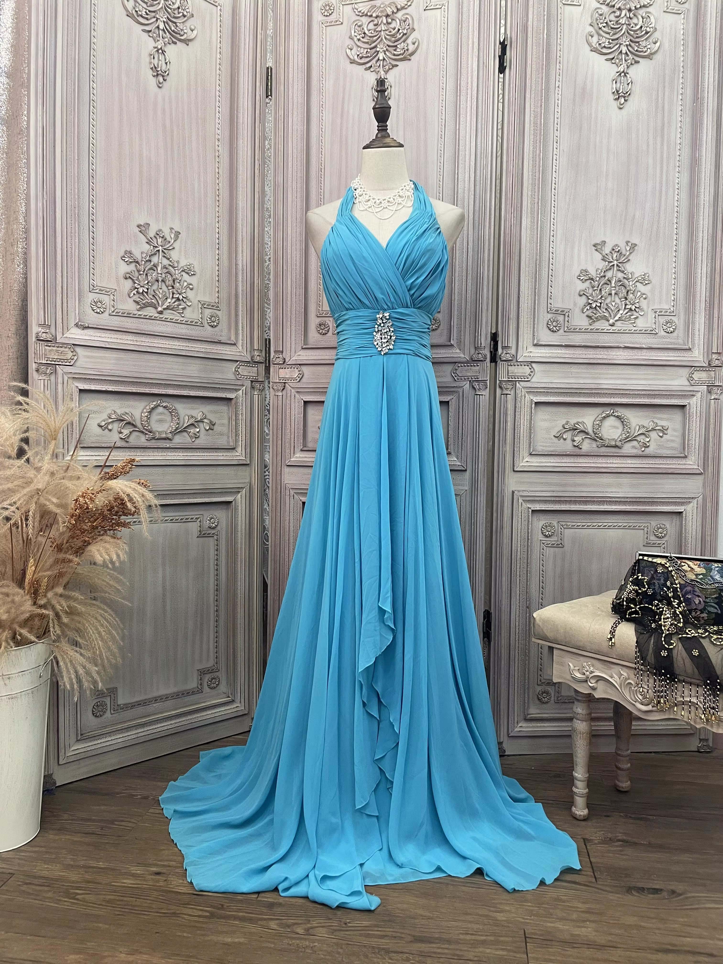 Fabrikant van blauwe chiffon ketting met lange kanten jurk (7)