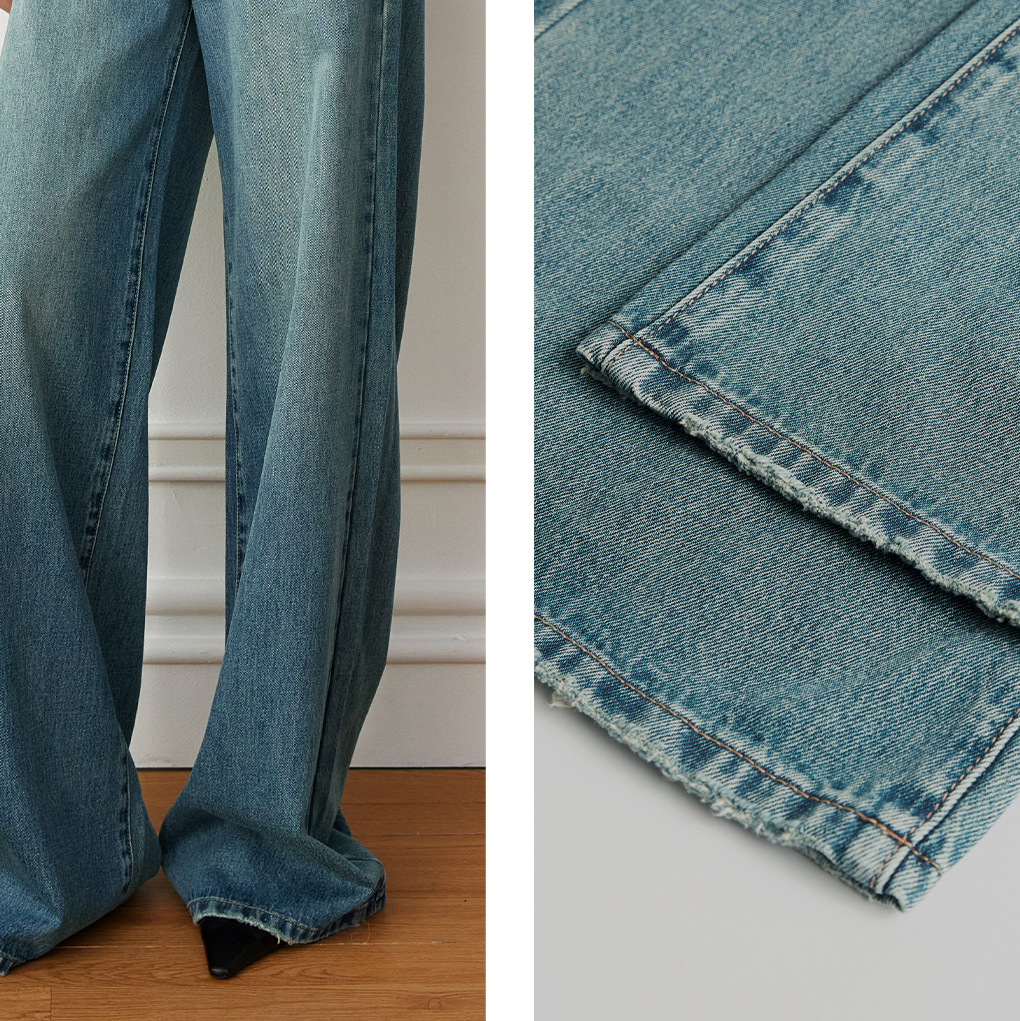 جينز أزرق مغسول مخصص مقاس كبير بخصر عالٍ وواسع الساق (6)