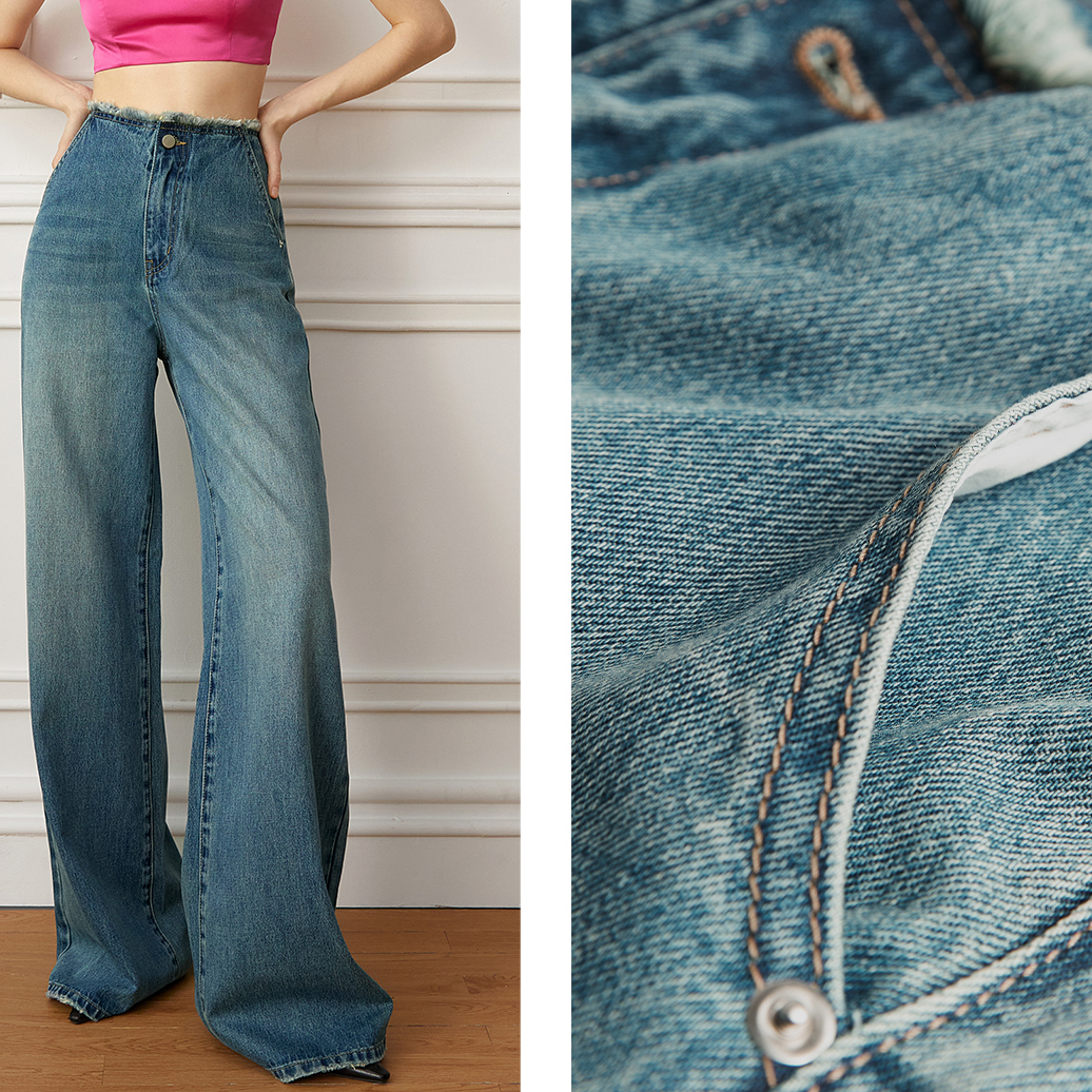 Jeans a gamba larga a vita alta blu taglie forti lavati personalizzati (8)