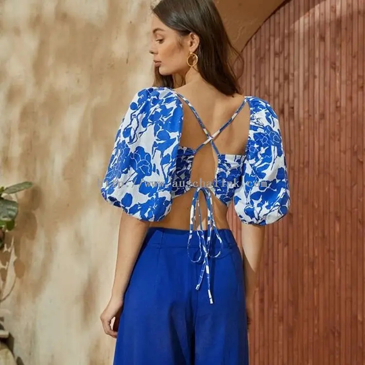 Blue Printed Square Neck Puff Sleeve Backless Top Blouse (2)
