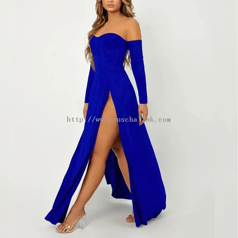 Blue Strapless Long Sleeve Split Sexy Maxi Dress (1)