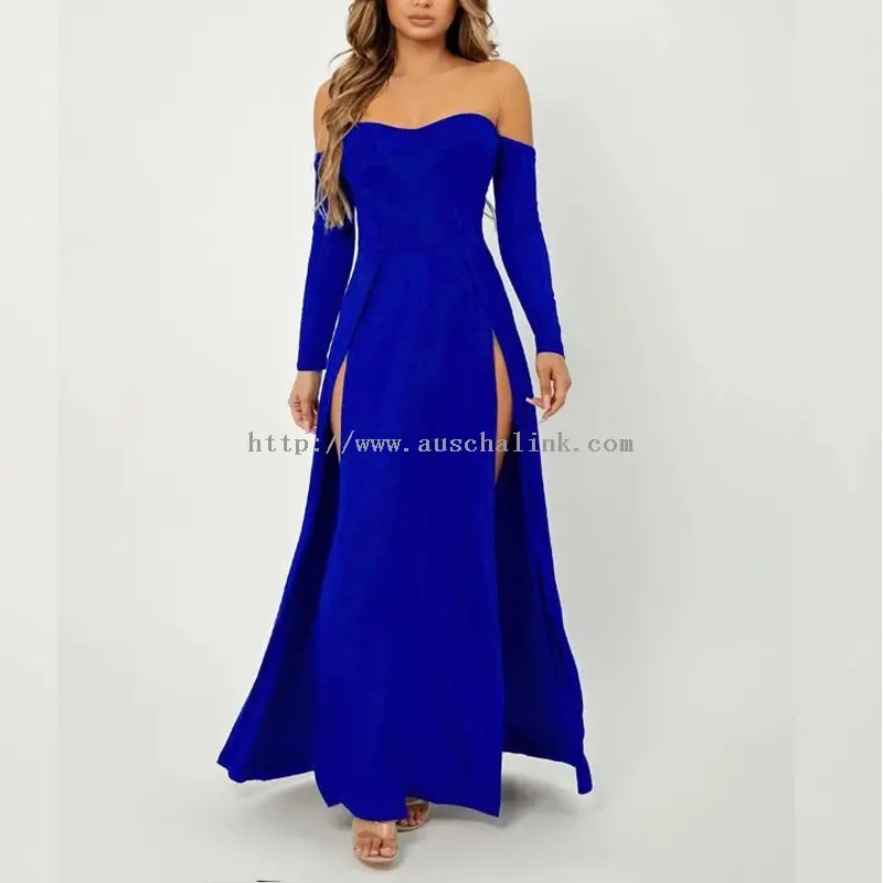 Blue Strapless Long Sleeve Split Sexy Maxi Dress (2)