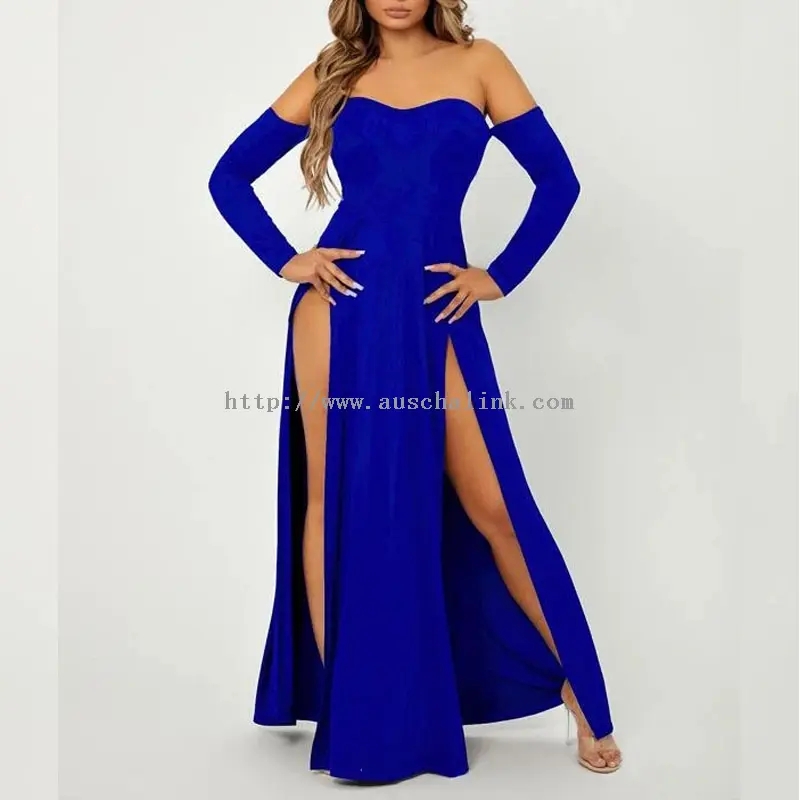 Синее сексуальное платье макси без бретелек с длинными рукавами (3)