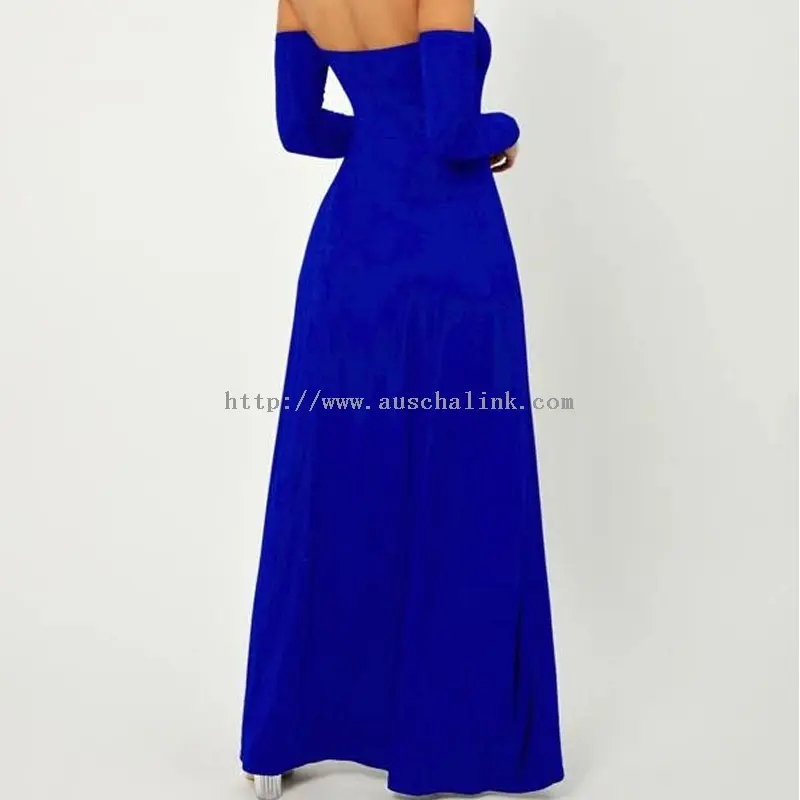 Плава секси макси хаљина дугих рукава без нараменица (4)