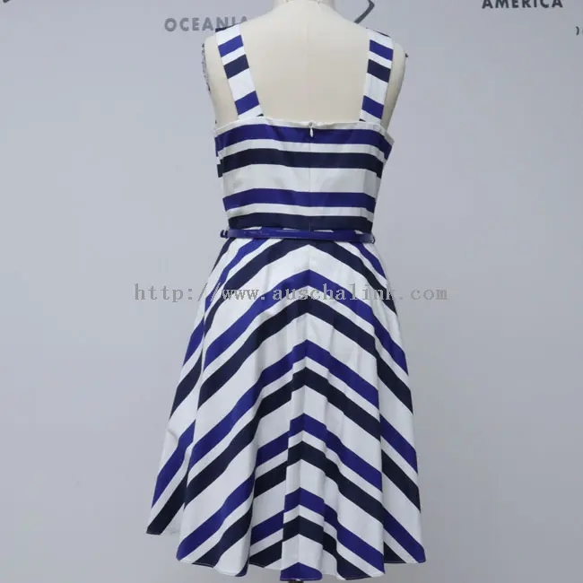 Blue Striped Cotton Elegant Women Casual Dress (2)