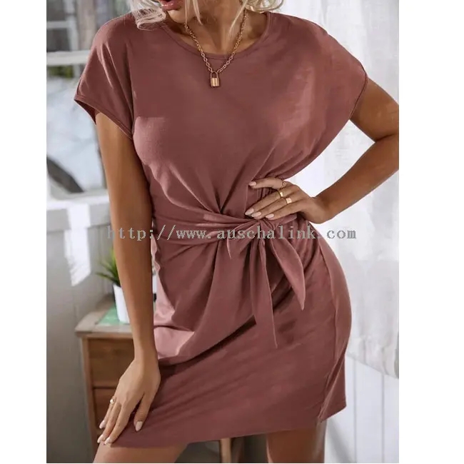 Brick Red Short Sleeve Casual Pleated Waist Dress (1)