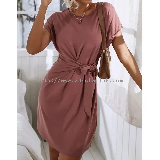 Brick Red Short Sleeve Casual Pleated Waist Dress (2)