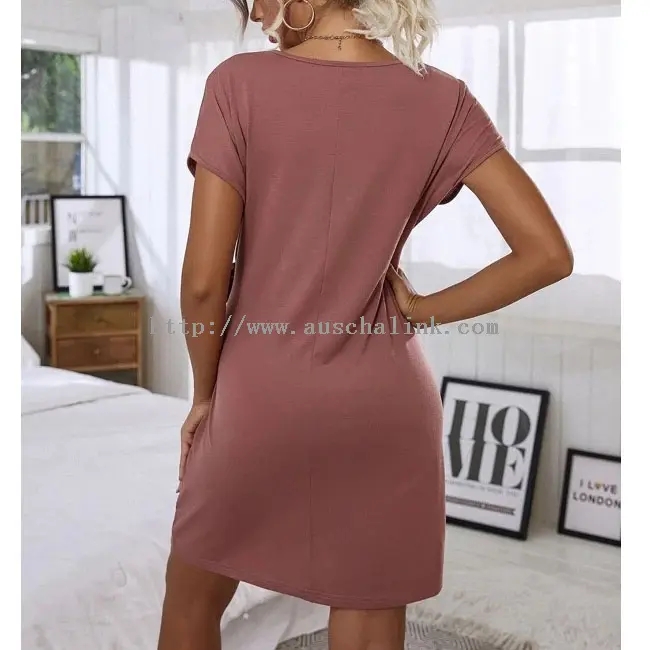 Brick Red Short Sleeve Casual Pleated Waist Dress (3)