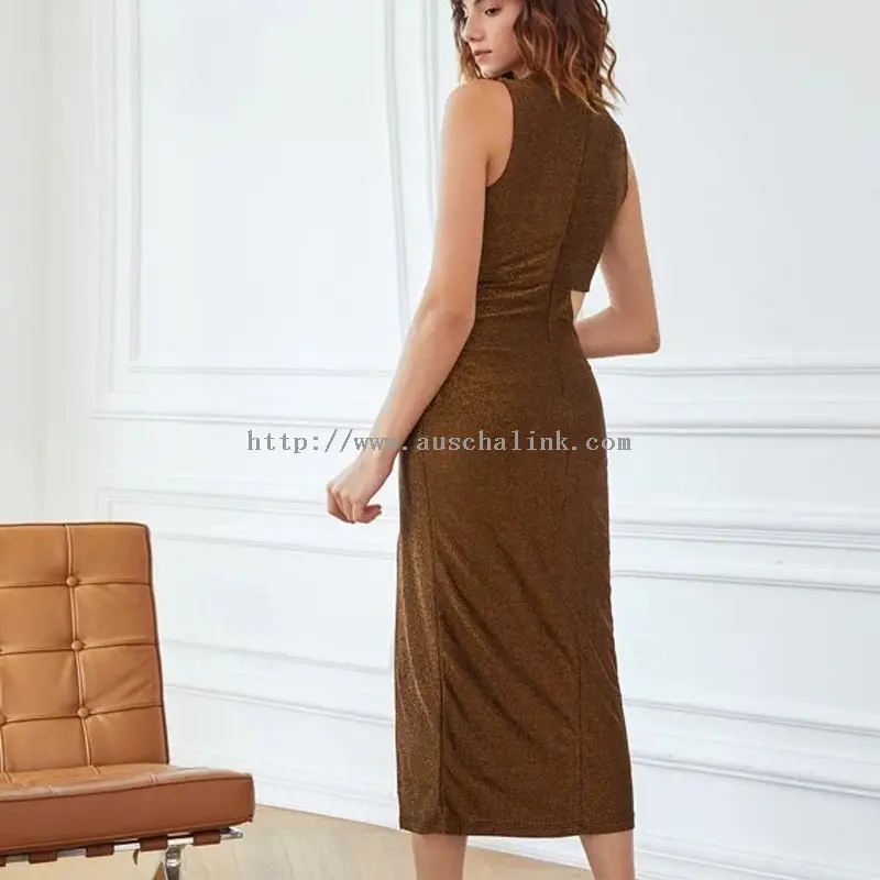Brown Cut-Out Sequin Sexy Slit Casual Dress (1)