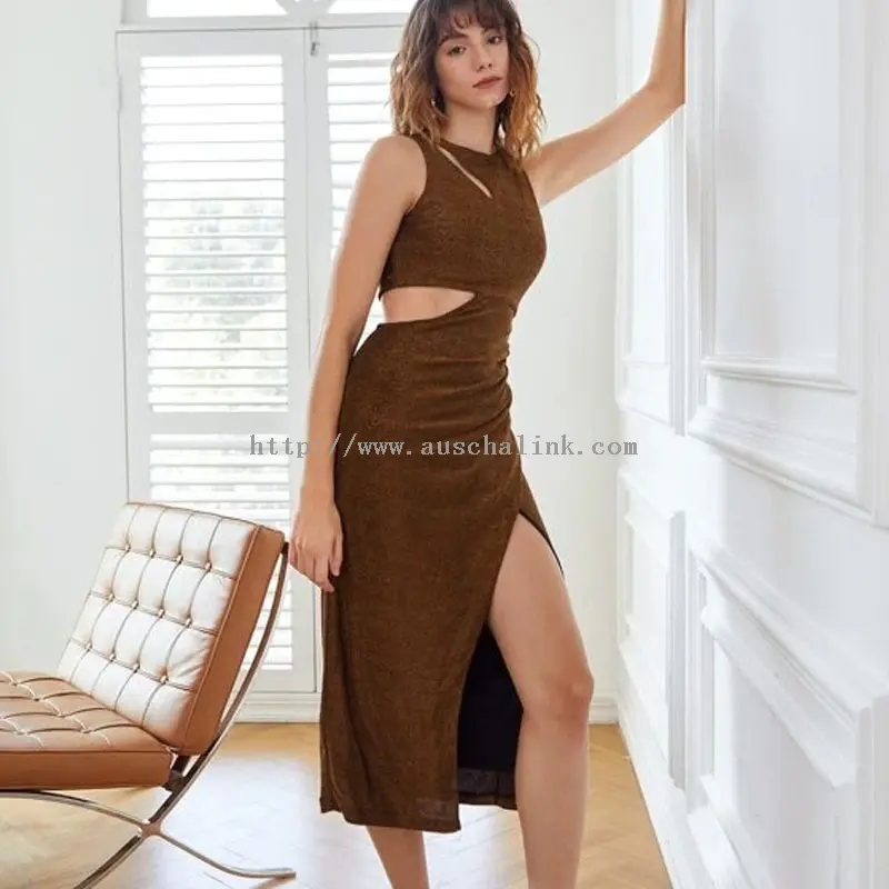 Brown Cut-Out Sequin Sexy Slit Casual Dress (3)