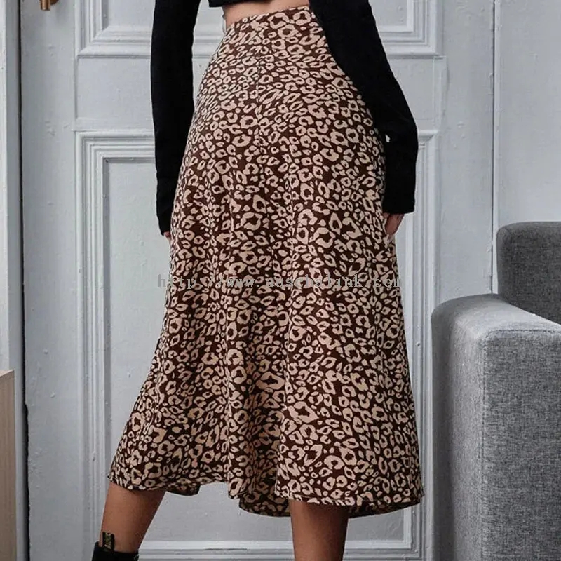 Skirt Midi Celah Sifon Coklat Cetakan Leopard (4)