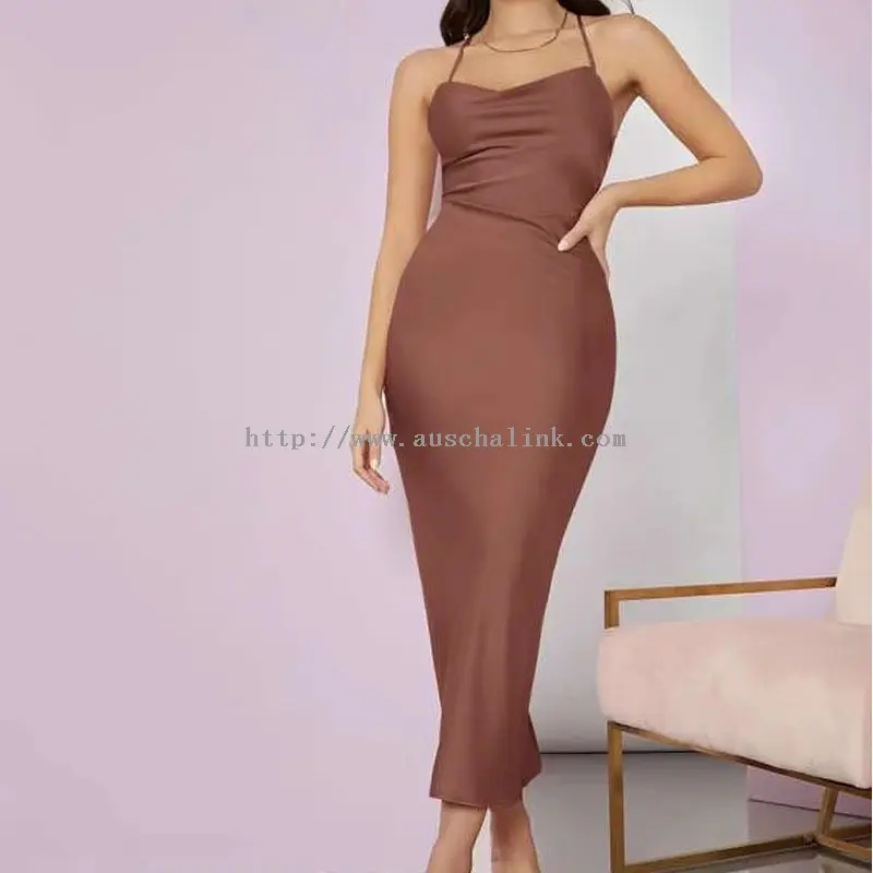 Brown Sexy Halter Split Bodycon Dress (1)