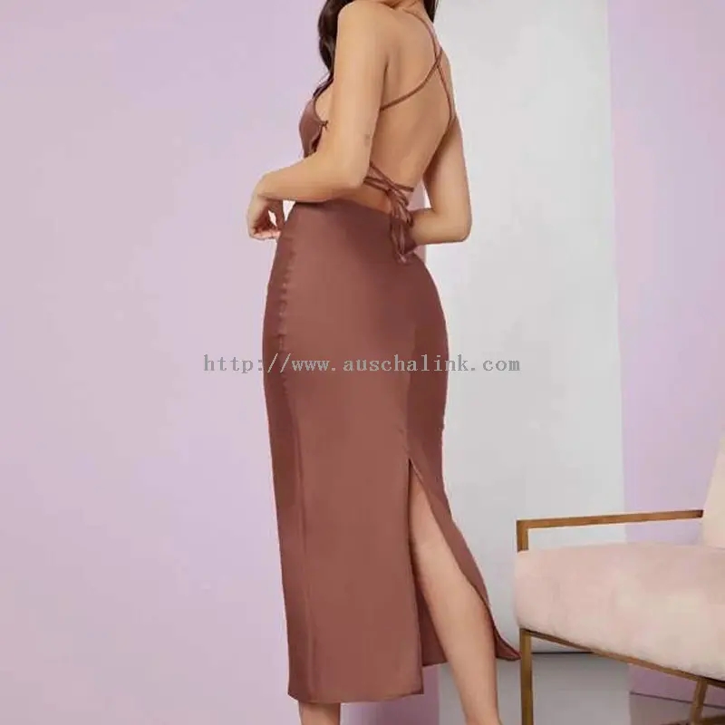 Ffrog Bodycon Hollti Brown Sexy Halter (4)